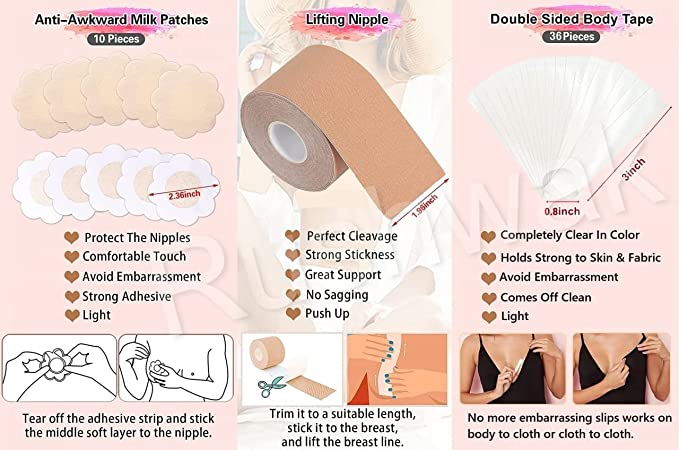 Tape with 10 Nipple Pasties & 36 Fashion Tape Multipurpose Body Tape for Women Push